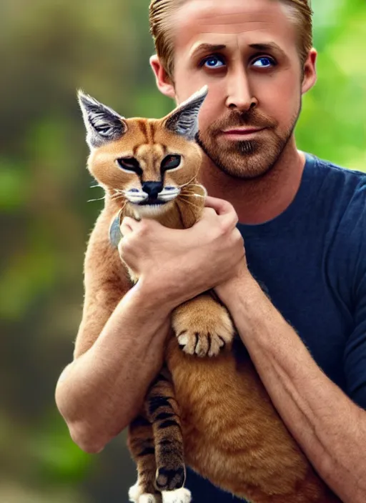 Image similar to Ryan Gosling holds a caracal cat in his hands, ultra highly detailed, smooth, sharp focus, elegant, trending on artstation