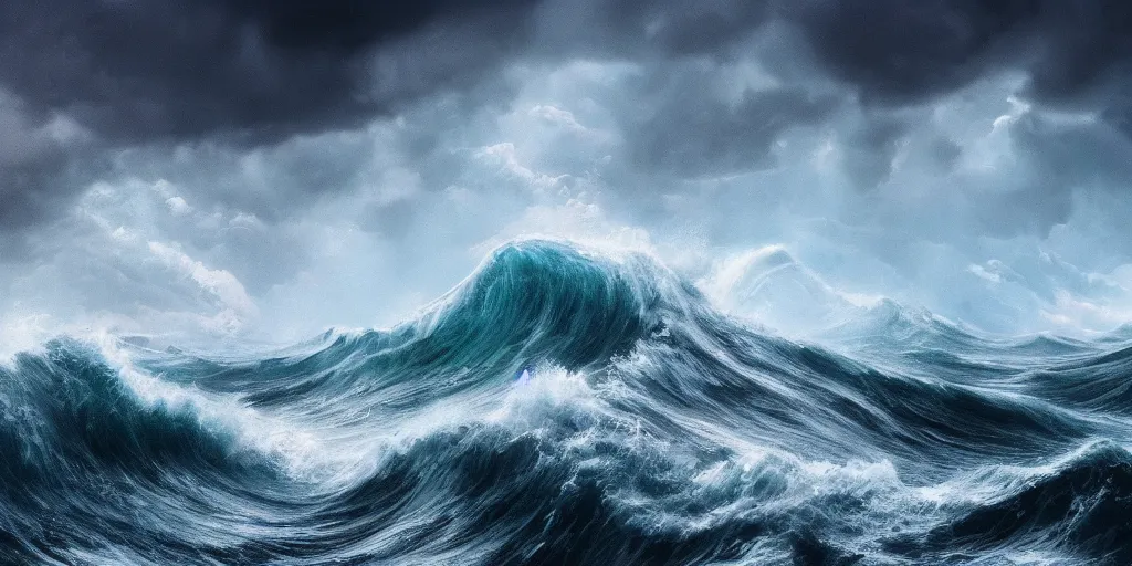 Prompt: detailed large waves. deep sea, layers, very detailed super storm, hyper realistic, impressive, very atmospheric, god ray, cinematic, deep, very high complexity, stunning, masterpiece, weather photography, very detailed. 4 k