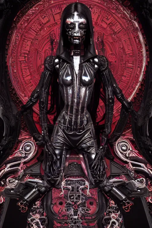 Image similar to full-body cyberpunk style sculpture of a young beautiful dark priestess, half android with a head opening exposing circuitry. glowing red eyes, black roses, flowing blood-red colored silk. fabric, candles. baroque elements, human skull. full-length view. baroque element. intricate artwork by caravaggio. crows flying in background. Trending on artstation, octane render, cinematic lighting from the right, hyper realism, octane render, 8k, depth of field, 3D