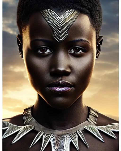 Image similar to 5 5 mm portrait photo of lupita nyongo as black panther. long hair. magical atmosphere. art by artgerm and greg rutkowski. highly detailed 8 k. intricate. lifelike. soft light. nikon d 8 5 0.