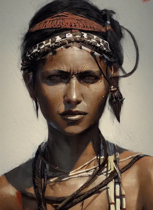 Image similar to A painting of a tribal woman, trending on artstation in the style of Greg Rutkowski