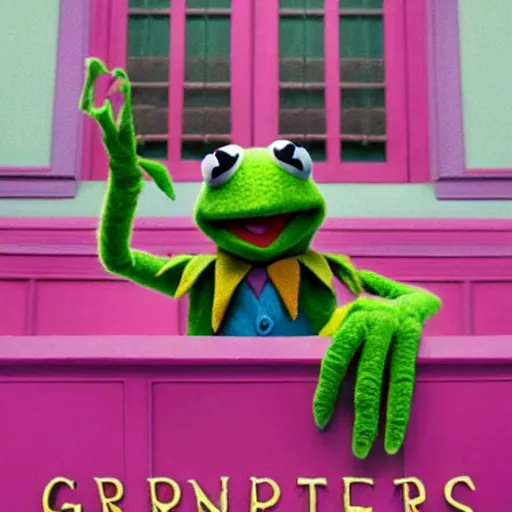 Prompt: kermit the frog, from the grand budapest hotel ( 2 0 1 4 )