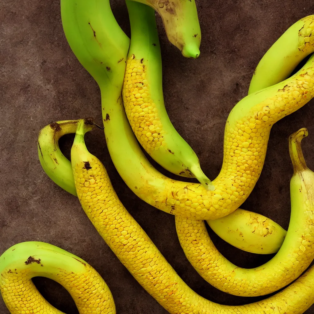 Image similar to snake banana in the shape of colorful corncob, closeup, hyper real, food photography, high quality