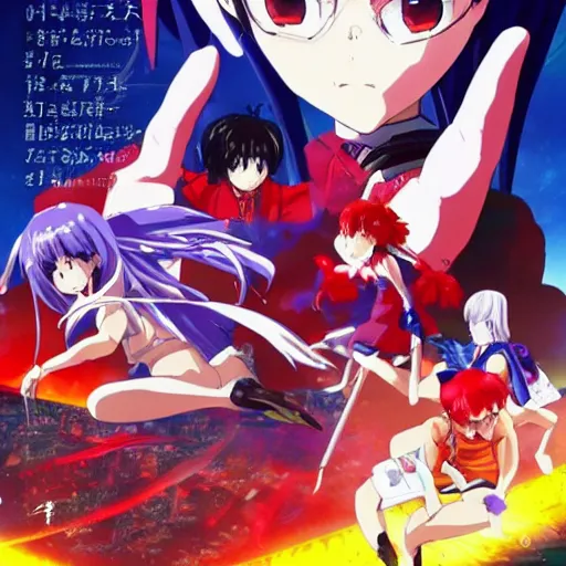 Image similar to incredibly powerful Anime Girl, created by Hideaki Anno + Katsuhiro Otomo +Rumiko Takahashi, Movie poster style, box office hit, a masterpiece of storytelling, main character center focus, monsters + mech creatures locked in combat, nuclear explosions paint sky, highly detailed 8k