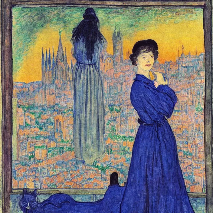 Prompt: portrait of woman in night gown with cat, with city with gothic cathedral seen from a window frame with curtains. sunset. lapis - lazuli, malacchite, turquoise, indigo. lucas cranach, bonnard, henri de toulouse - lautrec, utamaro, matisse, monet