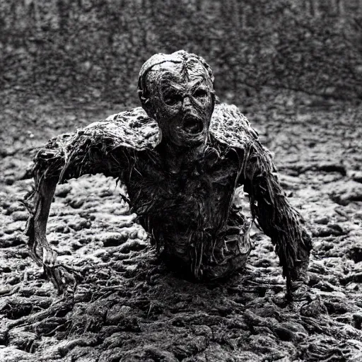 Prompt: a peat bog mummy climbing from the bog, snarling and angry, hyper realistic, photo, midday, rain