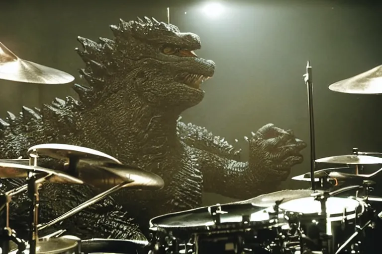 Image similar to godzilla playing the drumset, sitting on the drums, godzilla drummer, rock music, concert lights, in the middle of tokyo, dynamic photo, still shot from the new godzilla movie
