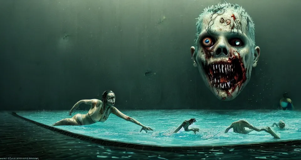 Image similar to highly detailed full body portrait of a zombie swimming underwater in a zombie - apocalypse, in a swimming pool, by greg rutkowski, octane render