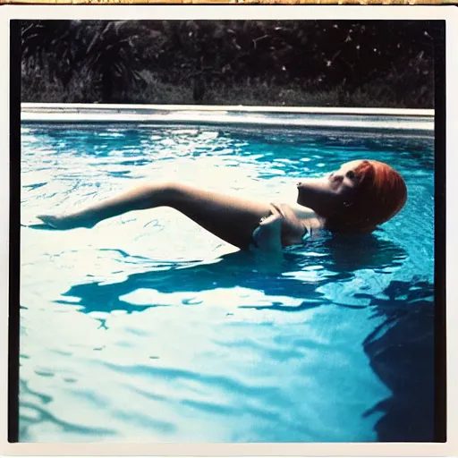 Image similar to a woman in the pool, a women under water, film camera style, la piscine 1 9 6 9 film aesthetics, 1 9 7 0 s, polaroid, los angeles landscape, evening