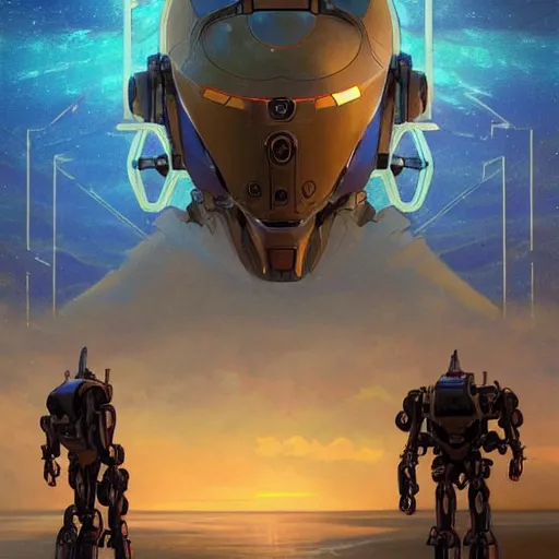 Image similar to movie poster of a scifi mech robot is on a beach, at dusk, art by greg rutkowski and alphonse mucha. golden ratio, rule of thirds, colorful, highly detailed, trending on artstation, 4 k, epic, cinematic lightning