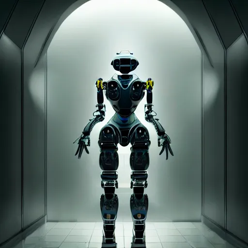 Image similar to ultra realist and ultra intricate detailed soft painting of an armored humanoid robot, standing in a futuristic hallway, sensual gloomy style, volumetric clouds, artstation, unreal render, low angle