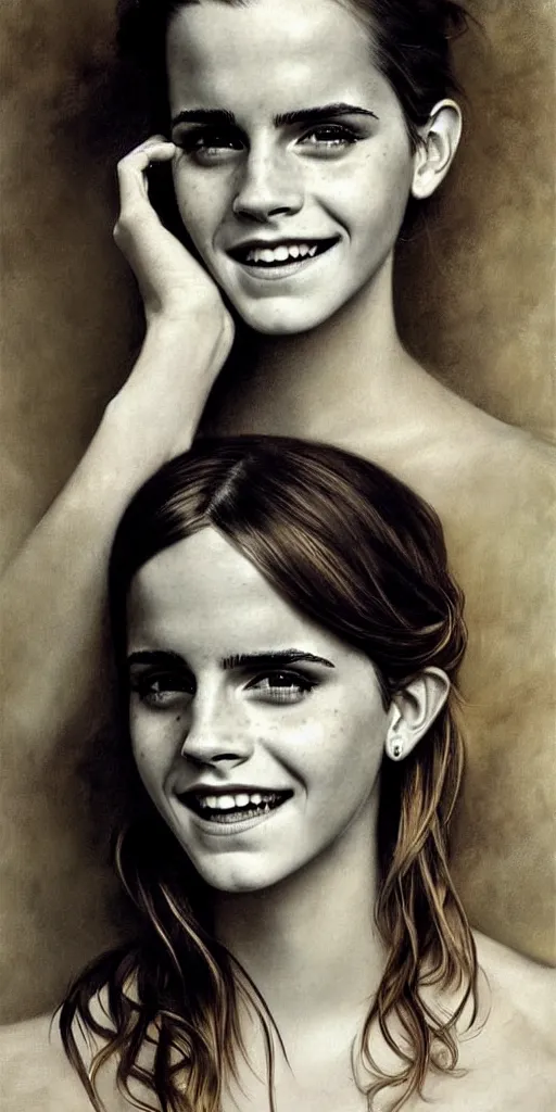 Image similar to emma watson smiling angry laughing crying sad weeping detailed portrait painting by gaston bussiere craig mullins j. c. leyendecker photograph by richard avedon peter lindbergh annie leibovitz