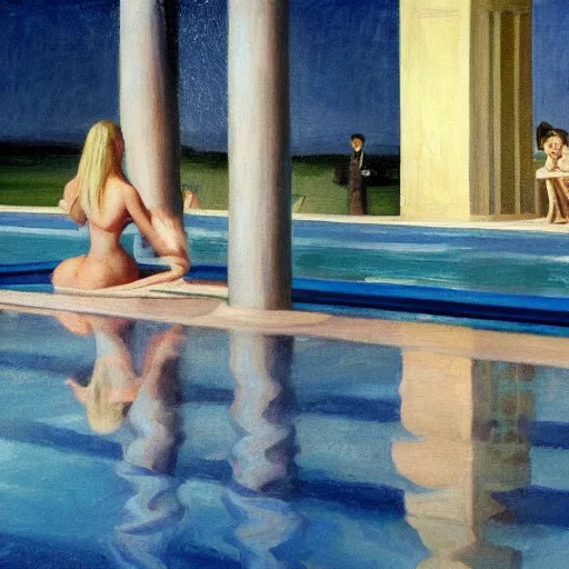 Prompt: Elle Fanning and Dr. Anthony Fauci at the pool at night, head and shoulders portrait, stormy weather, extremely detailed masterpiece, Roger Deakin’s cinematography, oil on canvas, Edward Hopper,