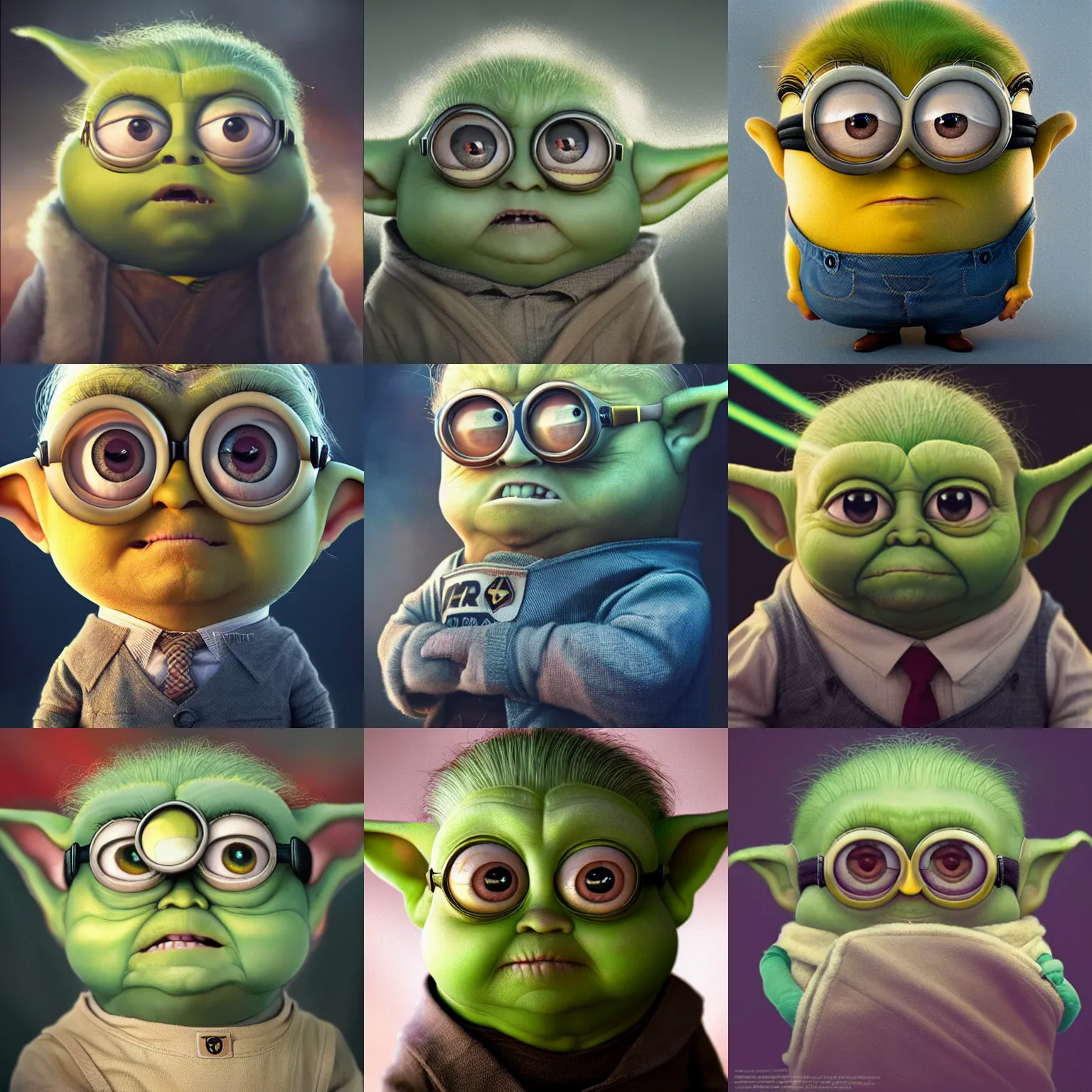 Prompt: a portrait of donald trump crossed with minions crossed with baby yoda, cinematic lighting, high detailed, art by artgerm and wlop and tom bagshaw, president minion starwars
