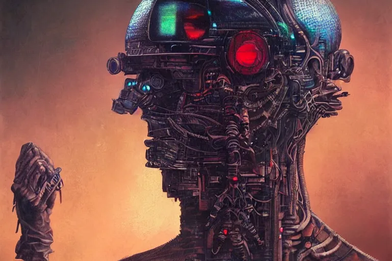 Image similar to highly detailed concept art of neuromancer characters, dystopian post - apocalyptic retrofuturistic neon vibe, an ultrafine detailed painting by hans giger and wayne barlowe, trending on deviantart, pop surrealism, whimsical, lowbrow, perfect symmetrical face, sharp focus, octane, masterpiece