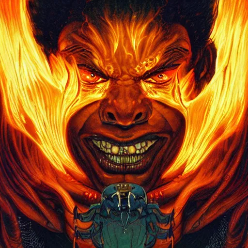 Image similar to portrait of crazy balrog with fire, symmetrical, by yoichi hatakenaka, masamune shirow, josan gonzales and dan mumford, ayami kojima, takato yamamoto, barclay shaw, karol bak, yukito kishiro