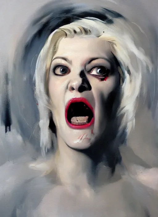 Image similar to laura palmer screaming,'white eyes '!!!, painting by phil hale, fransico goya,'action lines '!!!, graphic style, visible brushstrokes, motion blur, blurry, visible paint texture, crisp hd image