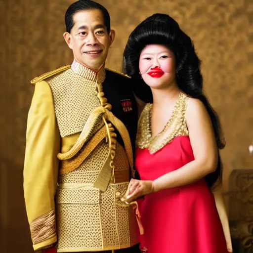 Prompt: portrait of Vajiralongkorn with lipstick and a woman\'s wig, high quality, photo