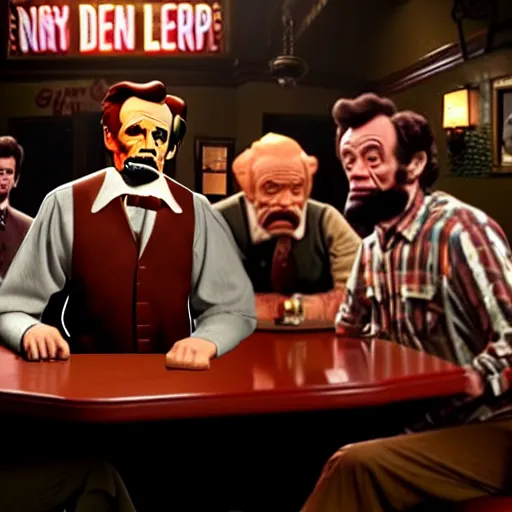 Image similar to The It's Always Sunny in Philadelphia episode where the gang meets Abe Lincoln Dee is there with Mac and so is Dennis they are at the bar, photo realistic, studio lighting, It's Always Sunny in Philadelphia