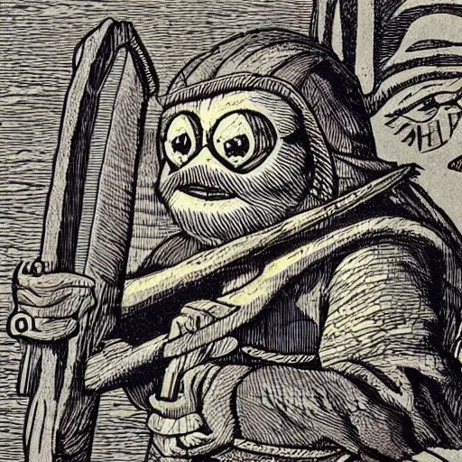 Prompt: pepe the frog, viking battles, saga, snorri sturluson, woodcut by christian krohg