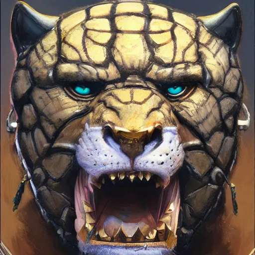 Prompt: Buff wrestler wearing a jaguar mask, closeup character portrait art by Donato Giancola, Craig Mullins, digital art, trending on artstation