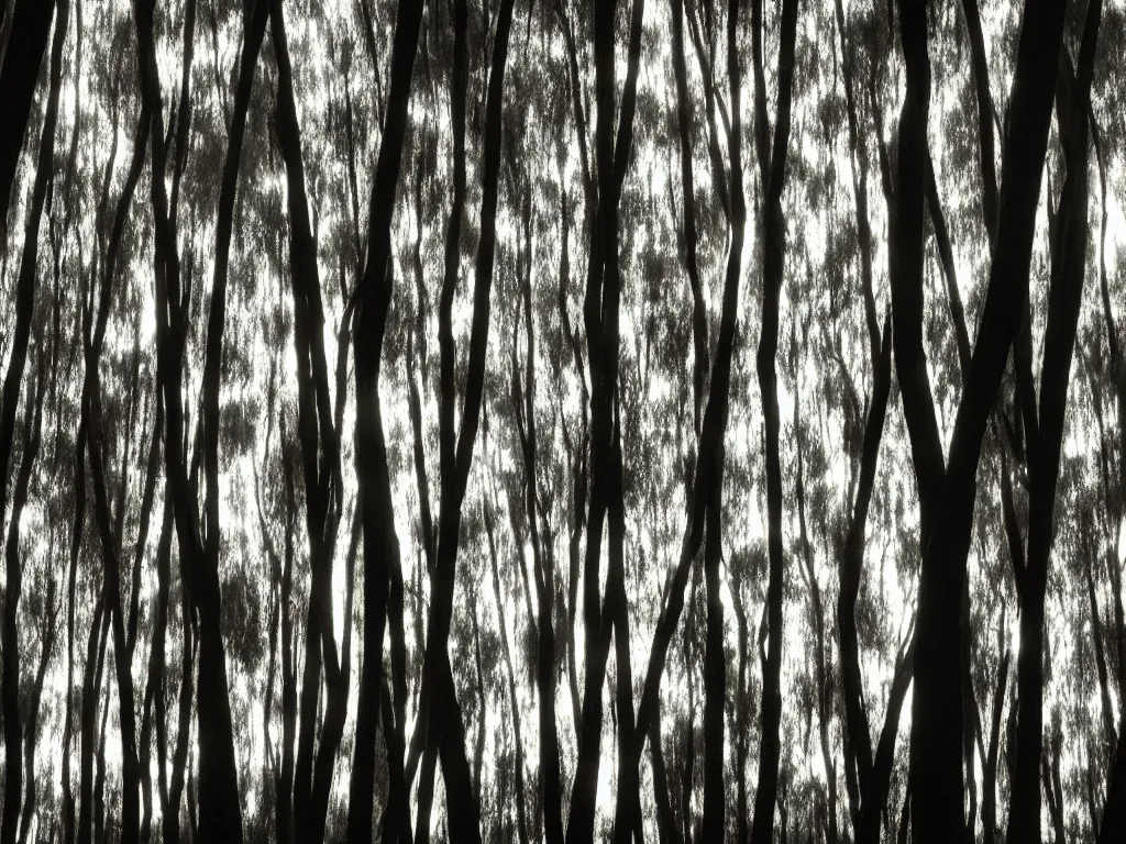 Prompt: double exposure photograph of tens of eucalyptus trees, strong back light, autumn, in the style of edward steichen and klee,