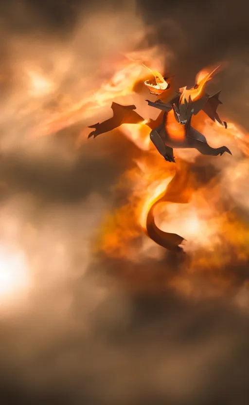 Prompt: a photograph of a realistic charizard, photography, highly detailed, depth of field, bokeh, volumetric fog