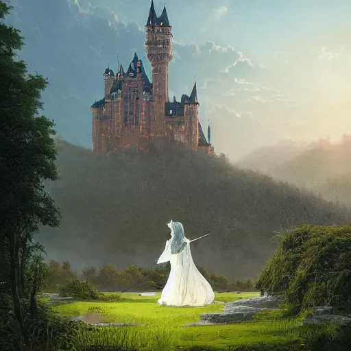 Prompt: beautiful illustration of a big castle in a serene landscape with a knight standing nearby, by albert bierstadt, green grass, highly detailed, crystal lighting, mystical, forest, hyperrealistic, 4 k, unreal engine, magical, by joe fenton, by greg rutkowski, by greg tocchini, by kaws, by kate beaton, by kaethe butcher