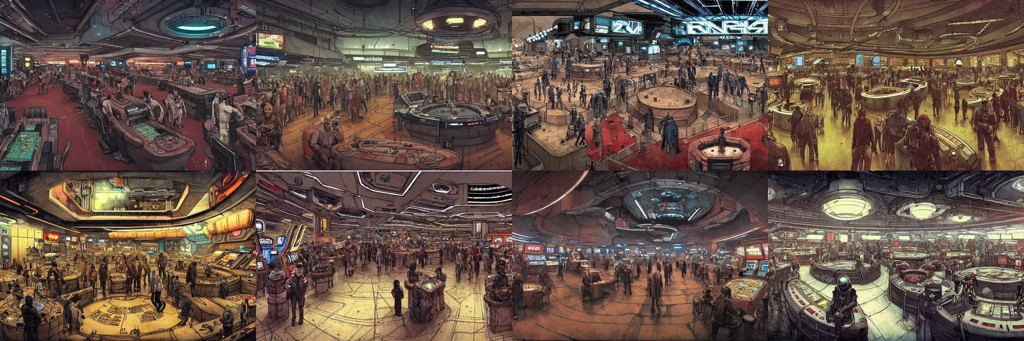 Prompt: inside a bustling cyberpunk casino on mars, filled with people, robots, cyborgs, aliens, by enki bilal, lineart