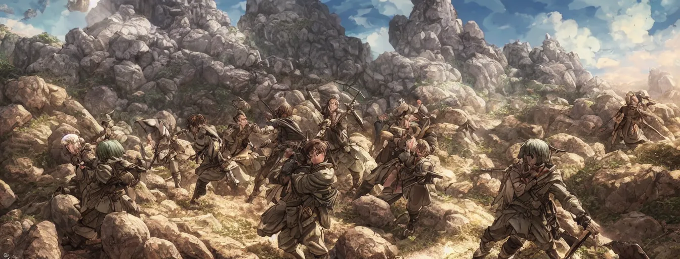 Prompt: calvary soldiers being bombarded by rocks and boulders on the battlefield. hyperrealistic anime background illustration by kim jung gi, extremely detailed faces, intricate linework, smooth, super sharp focus, bright colors, high contrast, matte, octopath traveler, studio ghibli, unreal engine 5 highly rendered, global illumination, radiant light