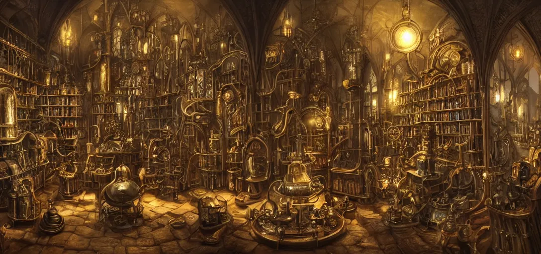 Prompt: An intricate scene of an interior of a gothic castle with a lot of magic bottles and mechanisms of an alchemist, other bookshelves with bottles and alchemy stuff in the background::huge mechanical clocks in the center of composition with a lot of pipes and wires::dark fantasy, detailed concept art, artstation, high details::8K, 4K, sharp focus, octane render