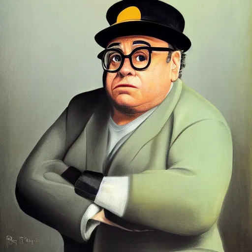 Image similar to Danny Devito as a cab driver by Raphael, Hopper, and Rene Magritte. detailed, romantic, enchanting, trending on artstation.