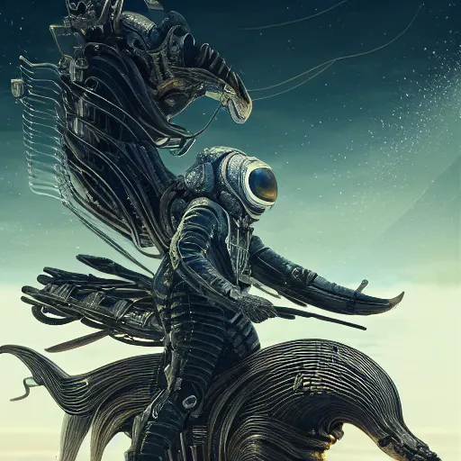 Image similar to portrait of a squid monster astronaut riding a Pegasus, full body portrait, intricate abstract. cyberpunk, intricate artwork, by Tooth Wu, wlop, beeple. octane render, trending on artstation, greg rutkowski very coherent symmetrical artwork. cinematic, hyper realism, high detail, octane render, 8k, minimalistic, hyperrealistic surrealism, award winning masterpiece with incredible details, a surreal vaporwave liminal space, highly detailed, trending on ArtStation