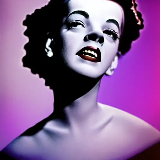 Image similar to a realistic detailed studio portrait photo of judy garland as the the bride of frankenstein, vaporwave
