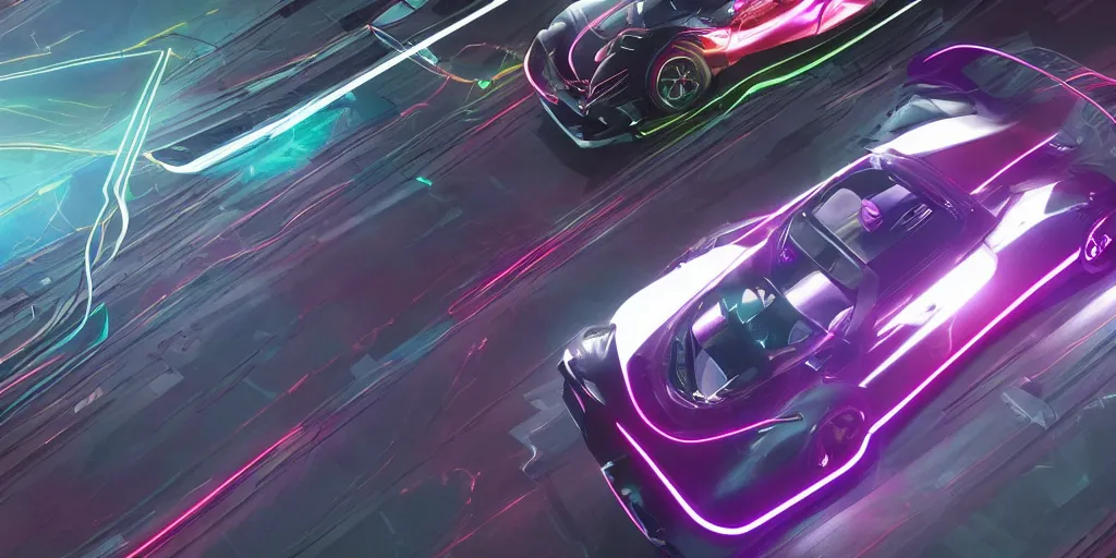 Prompt: quantum entanglement的synthwave sports car ,by Austin English ,cinema lighting,A bird's-eye view,camera view from above ,Game scene graph , very high detailed Unreal engine