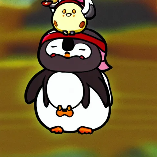 Image similar to a penguin riding a poring from ragnarok online, cartoon, kawaii,