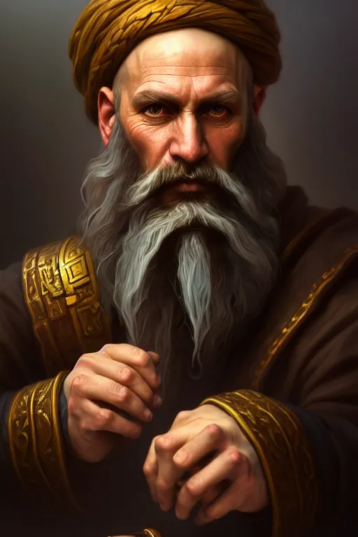 Image similar to photography alexey gurylev, male merchant, long beard, mysterious, deep focus, d & d, fantasy, complex, elegant, highly detailed, digital painting, artstation, concept art, matte, clear focus, illustration, hearthstone, artgerm art, greg rutkovsky and alphonse mucha, perfect hands