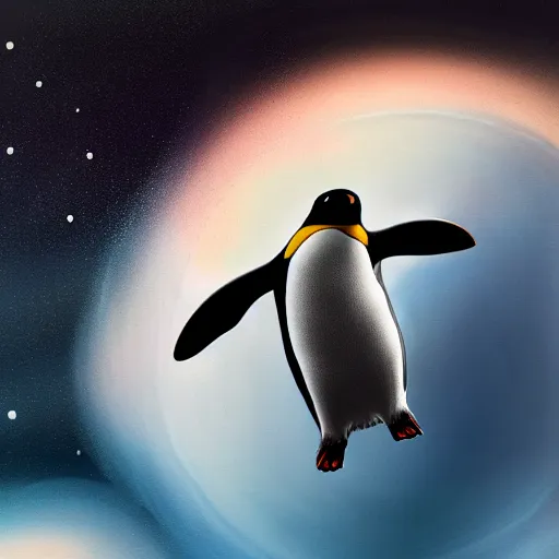 Prompt: a penguin floating in space, 4K, painting, detailed, beautiful, dramatic, artstation, light, dark, penguin, penguin, detailed penguin,