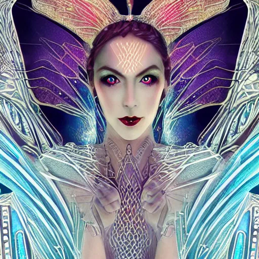Image similar to closeup portrait of a beautiful art deco faerie queen, glowing eyes, moth wings with geometric patterns, reflective detailed textures, highly detailed dark fantasy science fiction painting, elaborate geometric ornament, ancient runes, silver and cool colors, extremely detailed, photorealistic, artstation