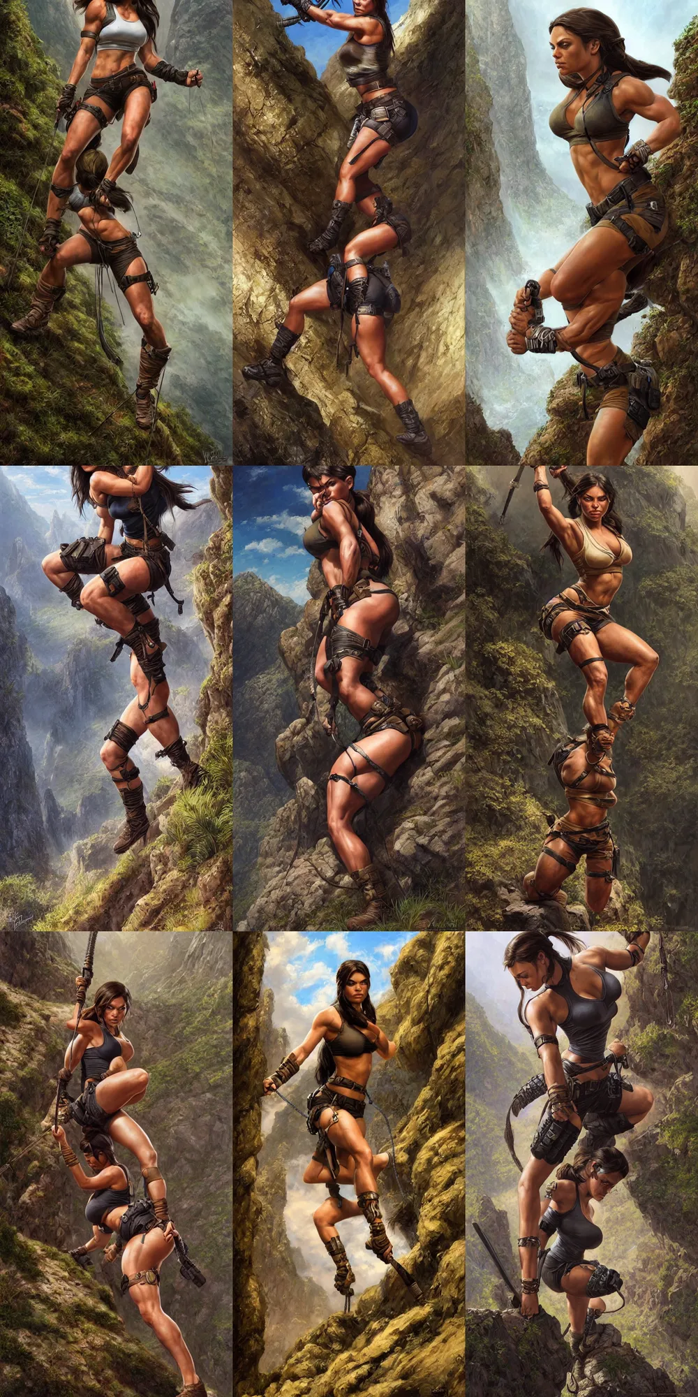 Prompt: epic portrait of very muscled tough looking Mila Kunis as Lara Croft climbing a steep slope, elegant, highly detailed, centered, digital painting, artstation, concept art, artgerm, donato giancola, Joseph Christian Leyendecker, WLOP, Boris Vallejo, Artgerm