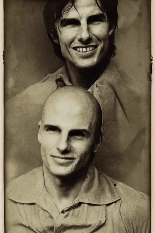 Prompt: disturbing daguerreotype of tom cruise with a creepy grin