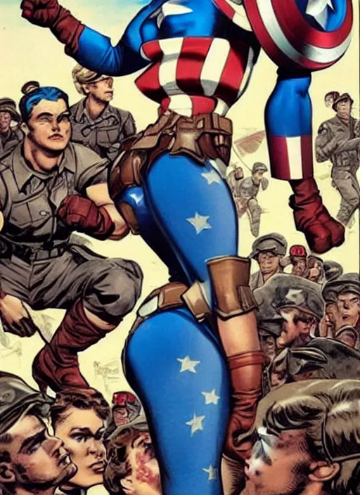 Image similar to gorgeous female captain america standing on a pile of defeated, beaten and broken ss soldiers. feminist captain america wins ww 2. american ww 2 propaganda poster by rob liefeld and pixar. gorgeous face. pin up. overwatch.