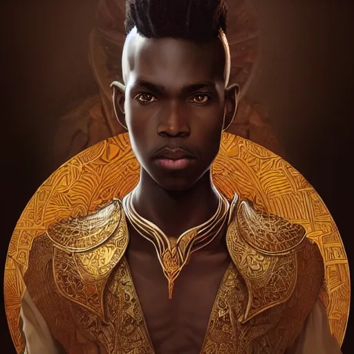 Prompt: an african celestial prince (black boy toddler), kemetic, D&D, fantasy, intricate, elegant, highly detailed, digital painting, artstation, concept art, matte, sharp focus, illustration, art by Artgerm and Greg Rutkowski and Alphonse Mucha