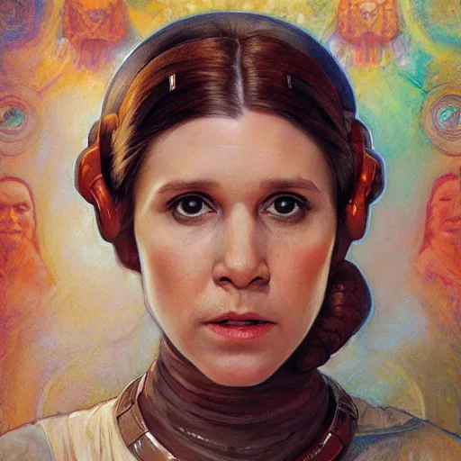 Prompt: portrait of a Princess Leia by Mandy Jurgens and Richard Schmid and chuck close and mucha