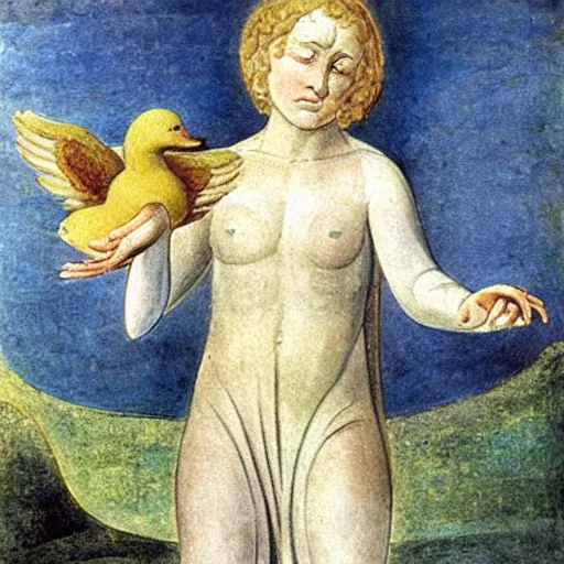 Image similar to biblical angel holding a duck, by jean deville, by william blake, oil on canvas