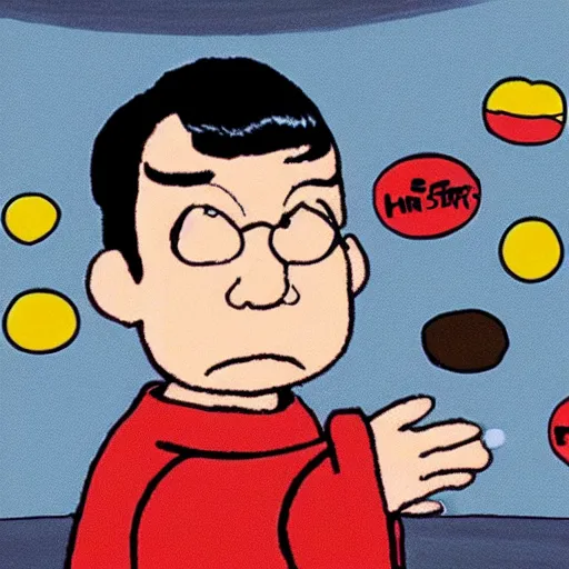 Prompt: chris kattan as spock in the style of charles schulz, peanuts, cartoon,