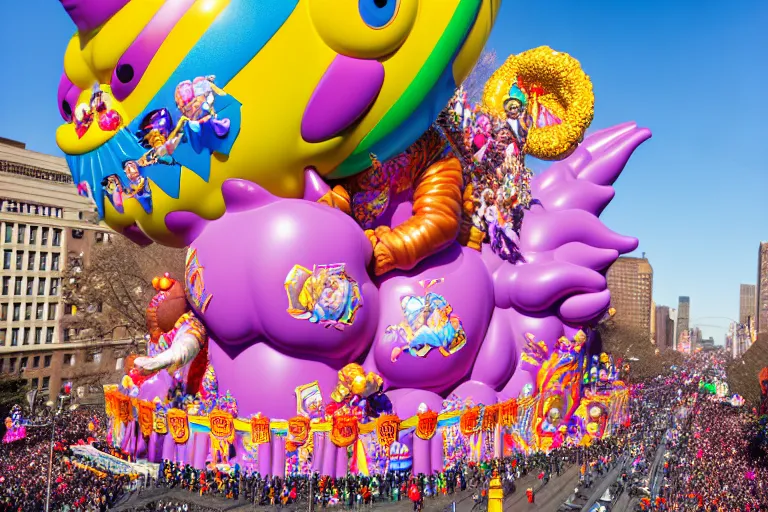 Prompt: photo of giant beautiful elaborate parade float character designed by lisa frank and geof darrow, in the macys parade, detailed 4 k photo,