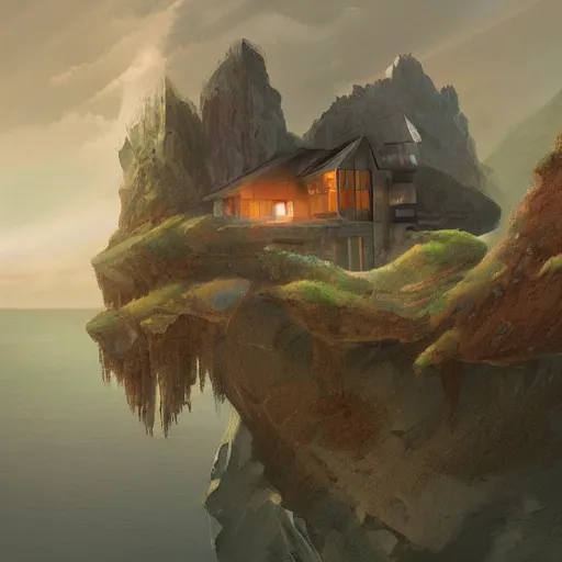 Prompt: sci fi house on a cliff above the coast, digital painting by Angrymikko, warm lighting, concept art