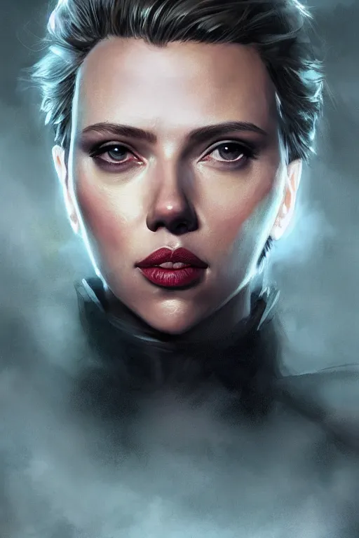 Image similar to a fancy portrait of Scarlett Johansson as cat women by Greg Rutkowski, Sung Choi, Mitchell Mohrhauser, Maciej Kuciara, Johnson Ting, Maxim Verehin, Peter Konig, final fantasy , mythical, 8k photorealistic, cinematic lighting, HD, high details, atmospheric,