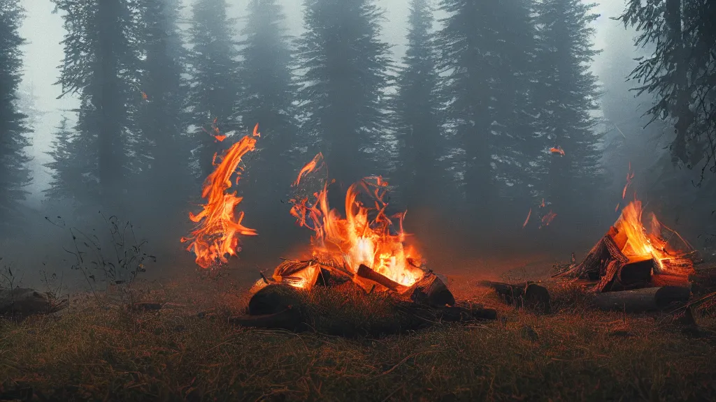 Image similar to beautiful closeup render of a campfire, unreal engine, smoke, sparks, evening, soft light, forest, hut, camp, fall, orange leaves, larches, early morning, fog, mist, by greg rutkowski, cgsociety